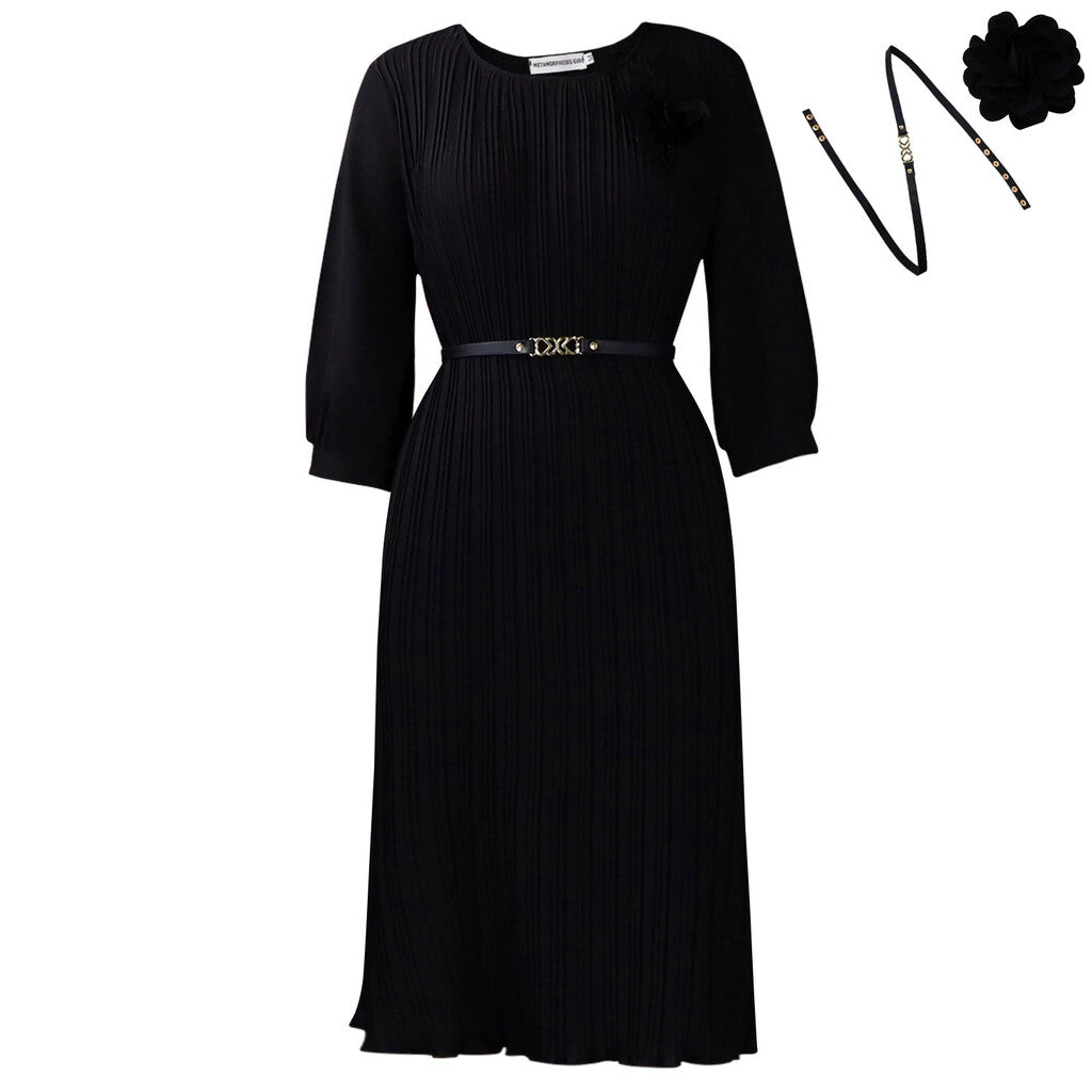 Women's 3/4 Sleeve Pleated Round Neck Midi Dress with Belt