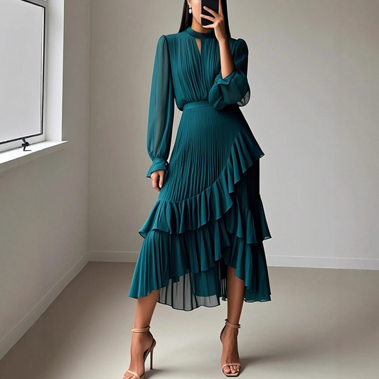 Women's Pleated Midi Dress With Ruffles And Keyhole Neckline