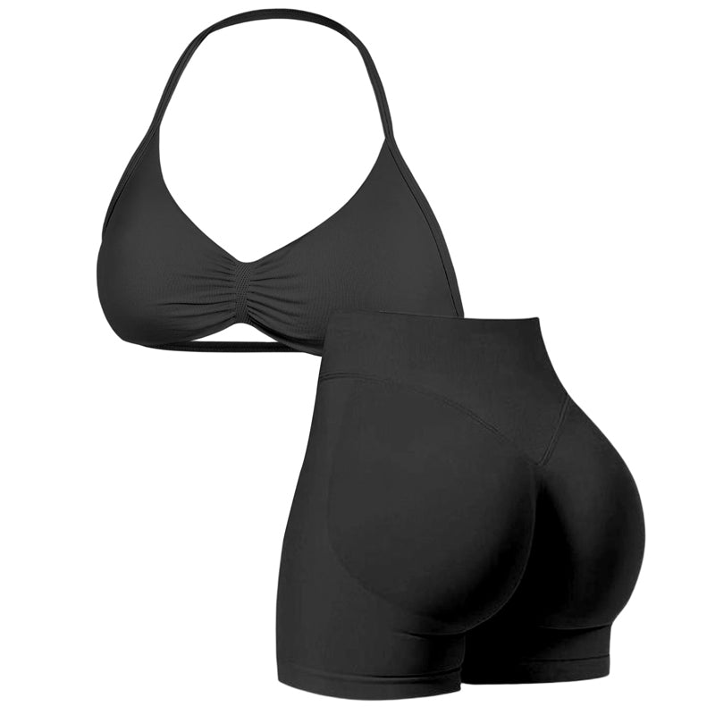 🌞Spring Awakening: 50% off!💜Women’s Seamless Yoga Set – Halter-neck Top & High-waisted Shorts, Shaping & Highly Stretchy for Fitness & Yoga