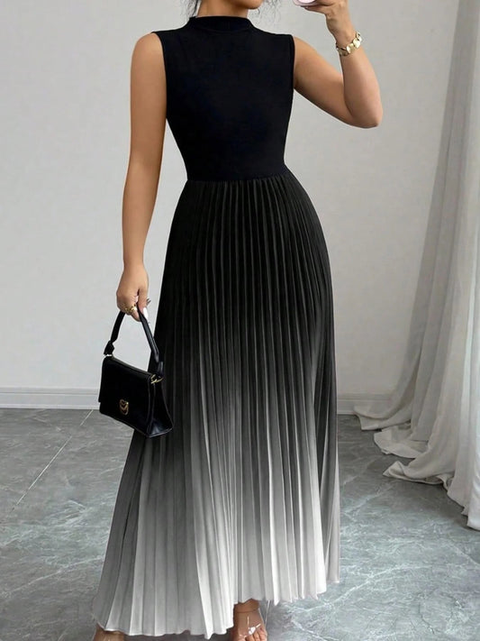 Sleeveless pleated maxi dress with an ombre effect and high neck