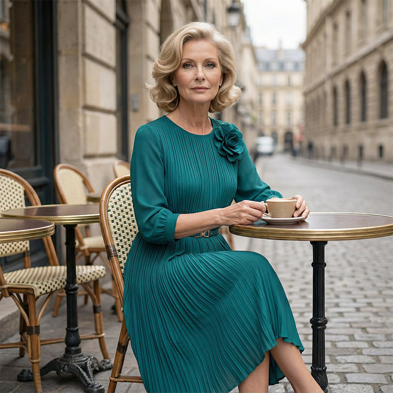 Women's 3/4 Sleeve Pleated Round Neck Midi Dress with Belt