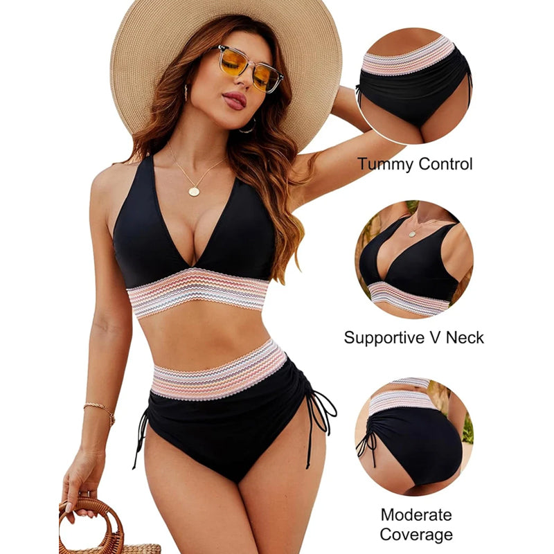 Bikini-Sets mit hoher Taille und Bauchkontrolle - Bikini-Sets mit farbigen Blöcken
