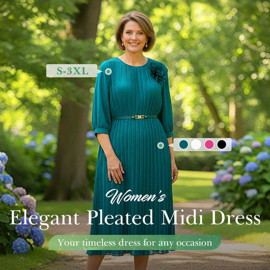 Women's 3/4 Sleeve Pleated Round Neck Midi Dress with Belt
