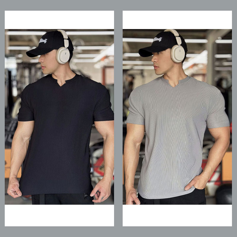 Herren-Muskel-Fitness-T-Shirt Mit V-Ausschnitt Und Kurzen Ärmeln