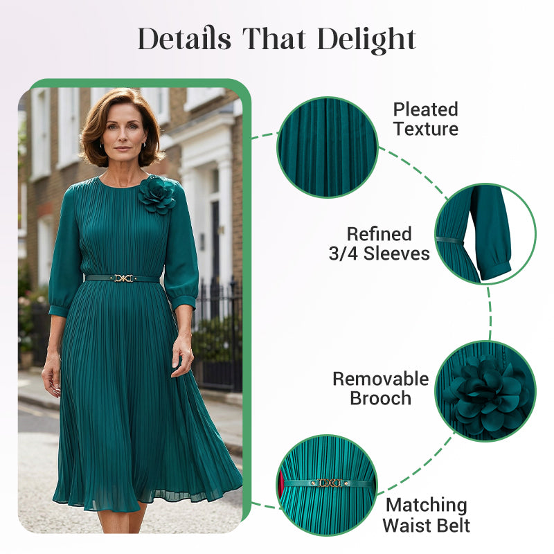 Women's 3/4 Sleeve Pleated Round Neck Midi Dress with Belt