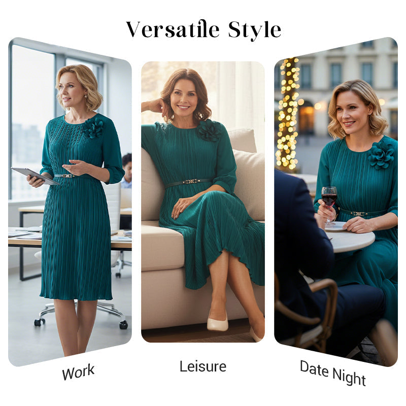 Women's 3/4 Sleeve Pleated Round Neck Midi Dress with Belt