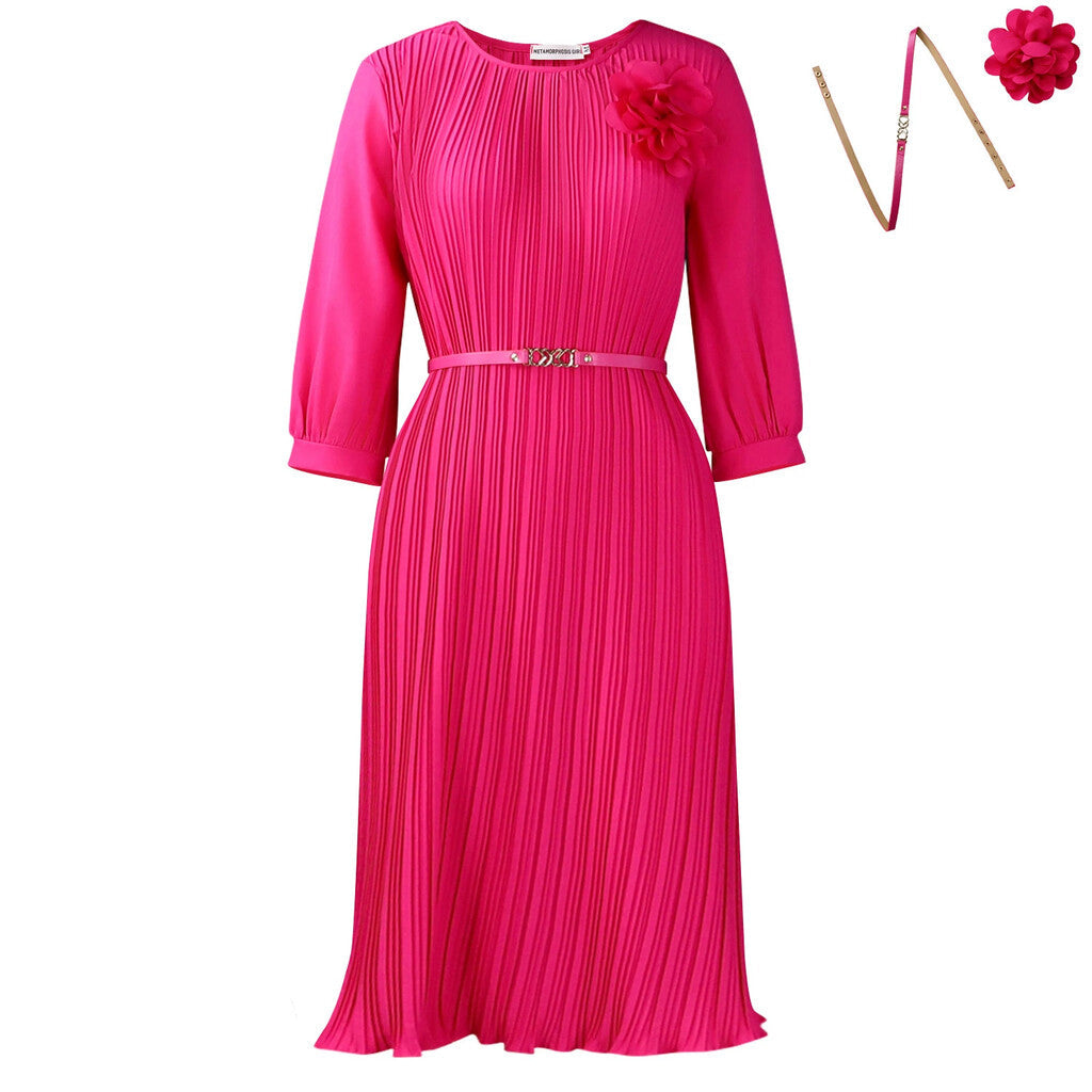 Women's 3/4 Sleeve Pleated Round Neck Midi Dress with Belt