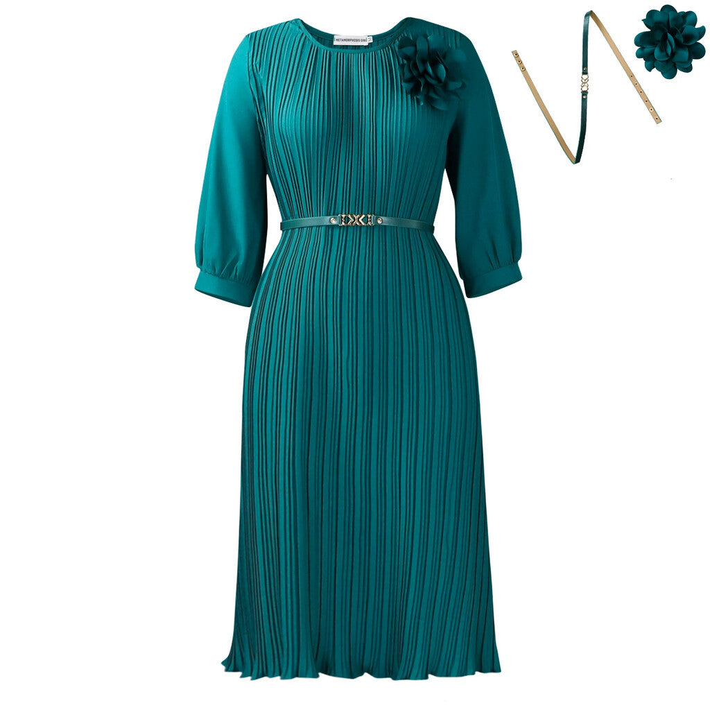 Women's 3/4 Sleeve Pleated Round Neck Midi Dress with Belt