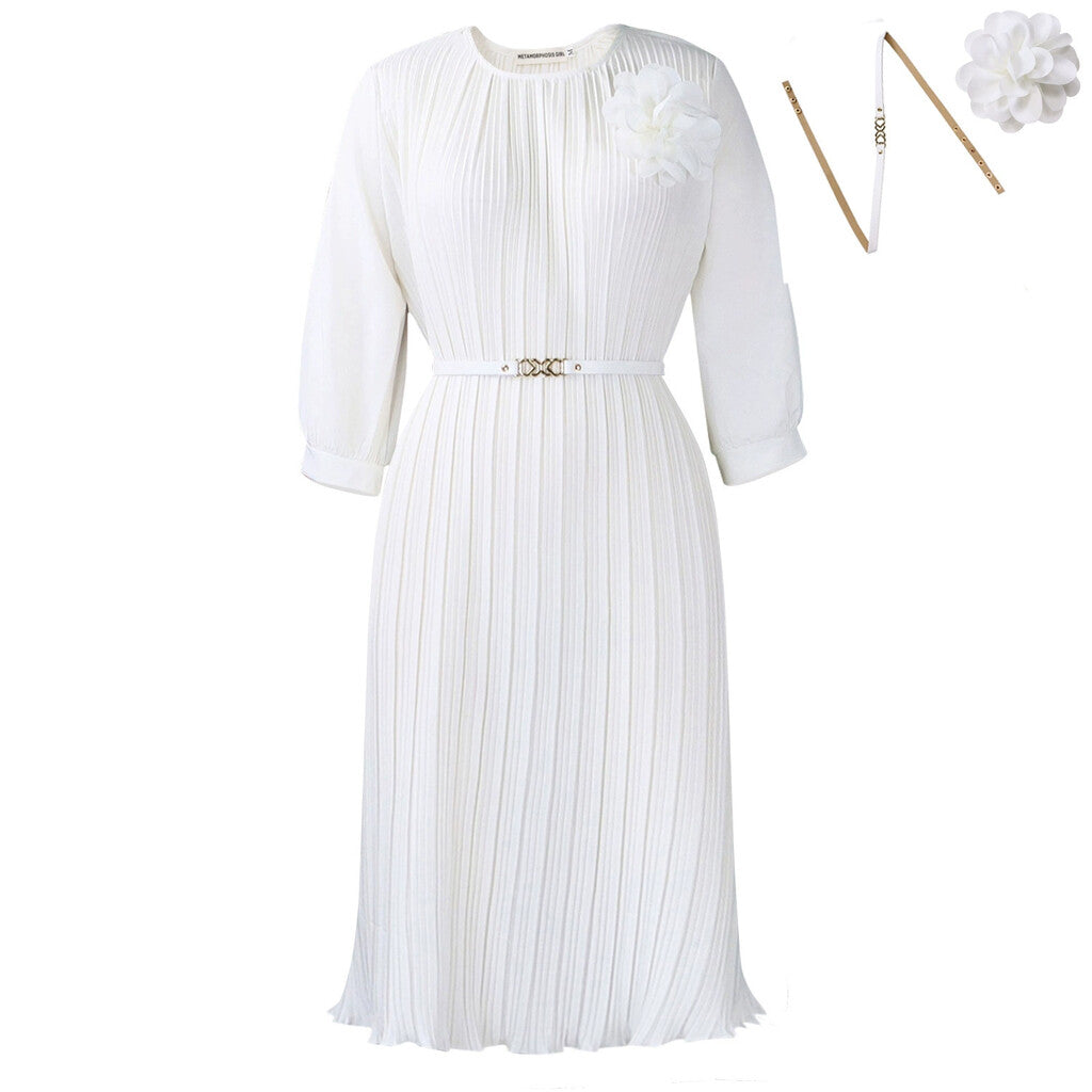 Women's 3/4 Sleeve Pleated Round Neck Midi Dress with Belt