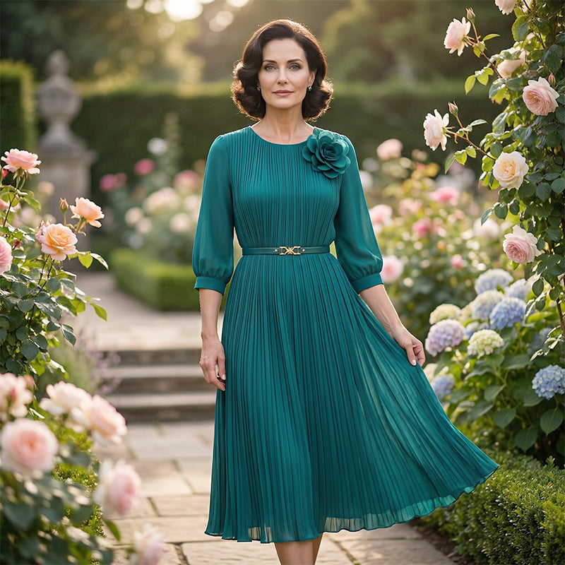 Women's 3/4 Sleeve Pleated Round Neck Midi Dress with Belt