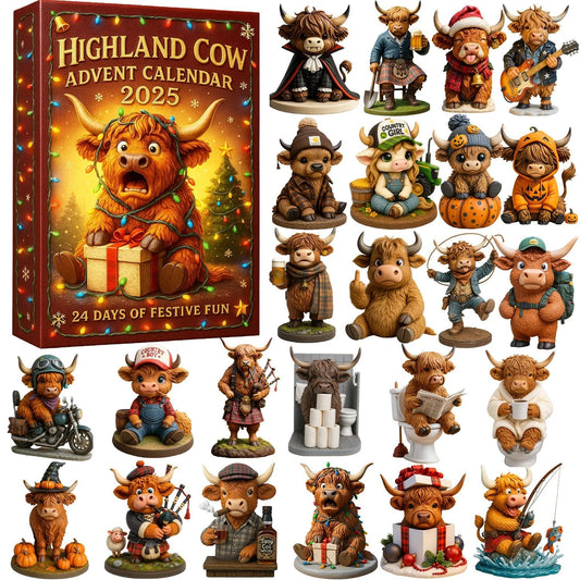 🐮Adventní kalendář Highland Cow 2025🎄✨ - 3D ručně vyráběná panenka Highland Cow (24 ks)