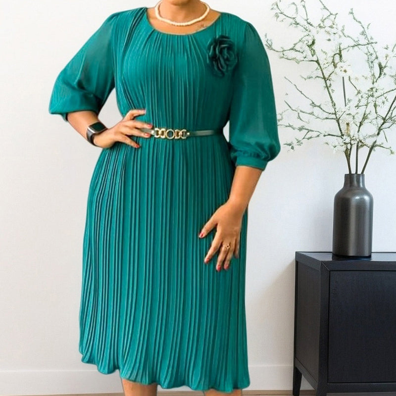 Women's 3/4 Sleeve Pleated Round Neck Midi Dress with Belt