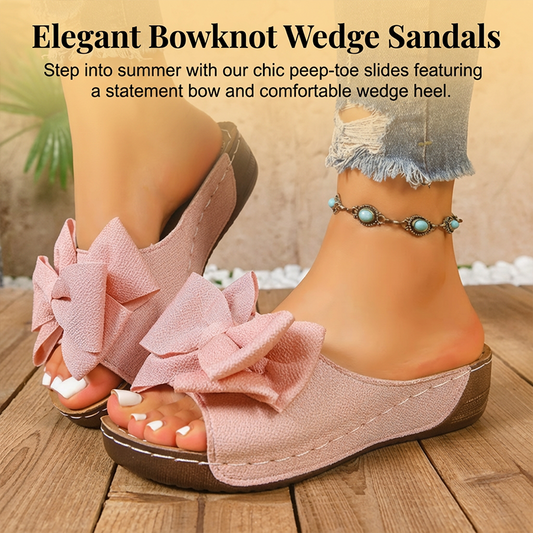 Women's Bowknot Peep-Toe Wedge Sandals – Chic Design, Comfortable Wedge & Easy to Slip On 🌸