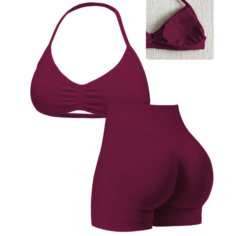 🌞Spring Awakening: 50% off!💜Women’s Seamless Yoga Set – Halter-neck Top & High-waisted Shorts, Shaping & Highly Stretchy for Fitness & Yoga