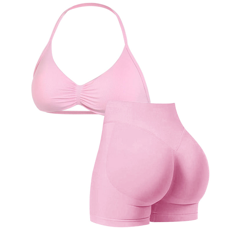 🌞Spring Awakening: 50% off!💜Women’s Seamless Yoga Set – Halter-neck Top & High-waisted Shorts, Shaping & Highly Stretchy for Fitness & Yoga