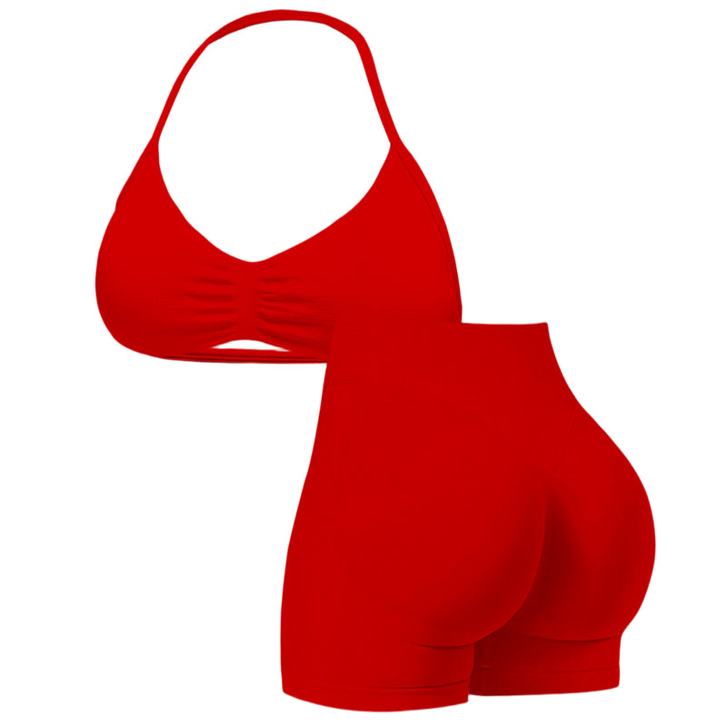 🌞Spring Awakening: 50% off!💜Women’s Seamless Yoga Set – Halter-neck Top & High-waisted Shorts, Shaping & Highly Stretchy for Fitness & Yoga